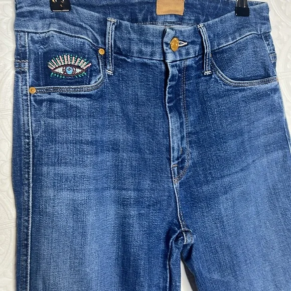 MOTHER High Waisted Double Looker Ankle Fray Embroidery Jeans Fruit Cart… - Picture 11 of 16